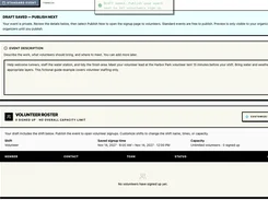 Saved event draft page with event description and a Volunteer Roster section showing no volunteers signed up.