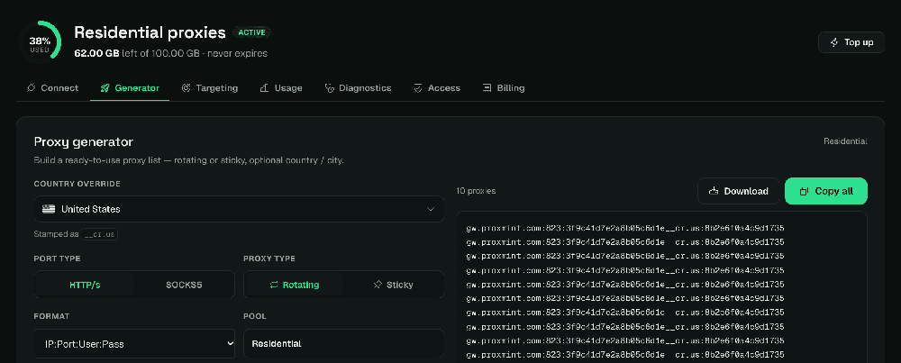 Dark-mode Proxmint Residential proxies dashboard on the Generator tab, showing country selection, HTTP/S and SOCKS5 choices, rotating or sticky proxy options, and a generated proxy list.