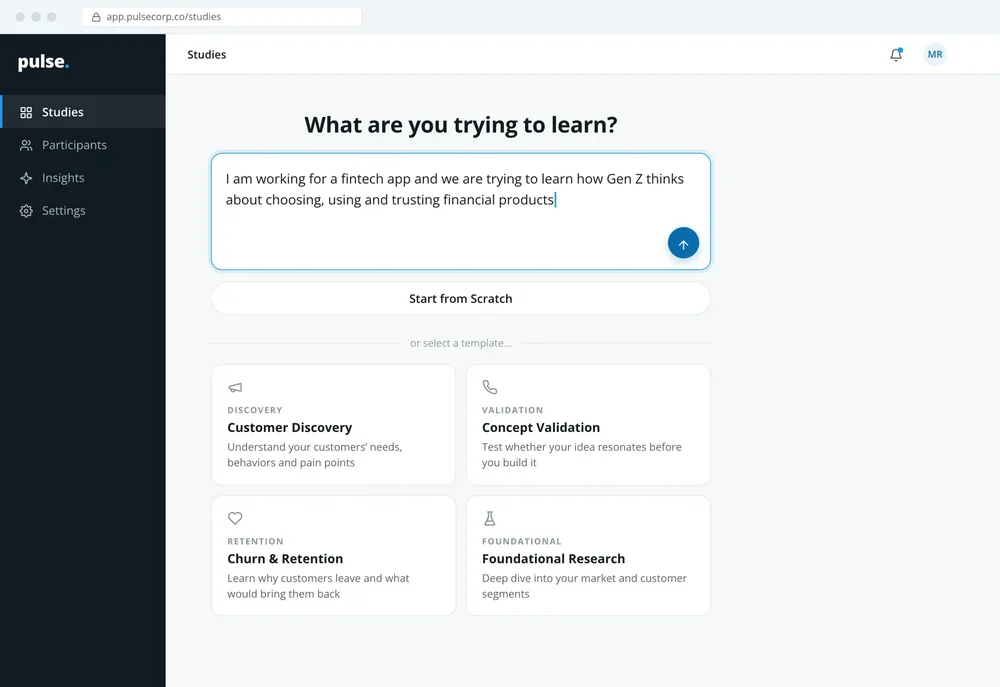 Pulse Studies page with a research brief text field, a Start from Scratch button, and template cards for Customer Discovery, Concept Validation, Churn & Retention, and Foundational Research.