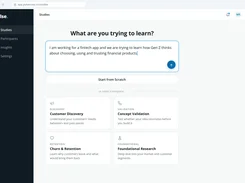 Pulse Studies page with a research brief text field, a Start from Scratch button, and template cards for Customer Discovery, Concept Validation, Churn & Retention, and Foundational Research.