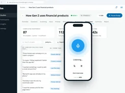 Pulse study responses dashboard for “How Gen Z uses financial products,” showing response totals, tagged participant answers, and a phone-shaped voice interview interface in listening mode.