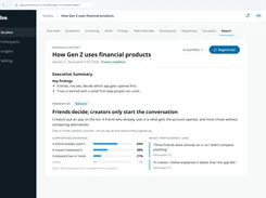 Pulse research report page for “How Gen Z uses financial products,” with an executive summary, evidence percentages, and anonymized participant quotations.