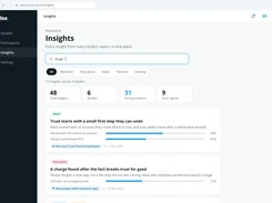 Pulse Insights page with a search for “trust,” category filters, summary metrics, and insight cards with supporting evidence bars.