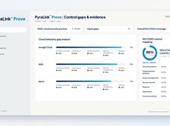 PyraLink Prove dashboard showing multi-cloud security posture, cloud telemetry gap analysis, open gaps, and ISO 27001 control coverage.
