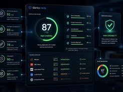 A dark Qlaritics Verify interface displays an overall verification score of 87, component scores, source reliability cards, and a source overview table.