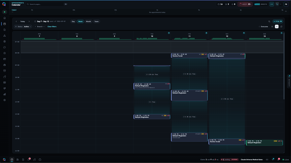 Weekly appointment calendar with schedule visibility and free-time intervals. Demo data.