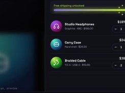 Dark shopping-cart interface listing studio headphones, a carry case, and a braided cable with quantity controls and prices.