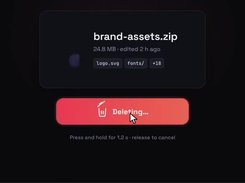 Dark file-management interface showing a brand-assets.zip file card and a red hold-to-delete control in a deleting state.
