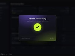 Dark interface with a centered confirmation dialog reading “Verified successfully” and a lime checkmark icon.