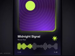 Close-up dark music-player interface showing the track “Midnight Signal” by Nova Rae, waveform controls, and playback times.