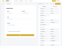 QoraCRM form builder displaying a Contact Form canvas and a sidebar of field components.