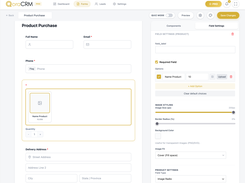 QoraCRM Product Purchase form editor with product option settings, image styling controls, quantity controls, and delivery-address fields.