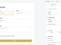 QoraCRM Contact Form editor with a selected name field and field settings for label, placeholder, required status, width, and default value.