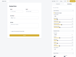 QoraCRM Contact Form editor with the Style Settings panel showing layout, spacing, typography, size, and color controls.