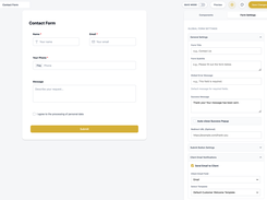 QoraCRM Contact Form editor with global Form Settings for title, success message, redirect URL, and client email notifications.