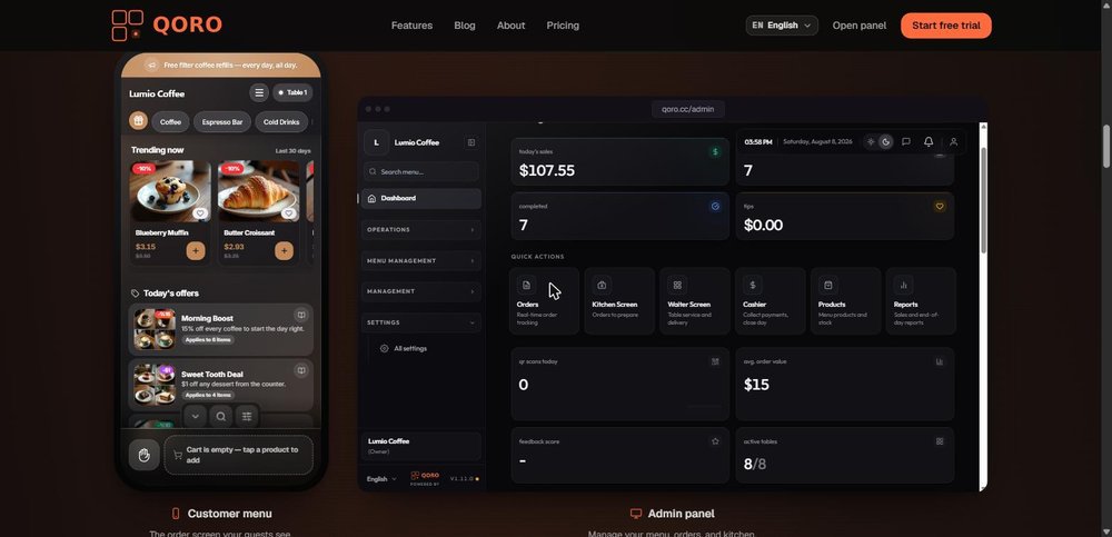 Admin panel and guest QR menu side by side — live sales, orders, kitchen screen and reports in one dashboard