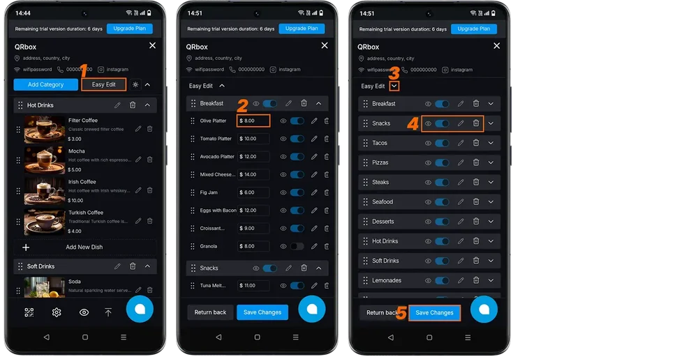 Three annotated QRbox mobile screens showing menu items, inline price editing, category controls, and saving changes.