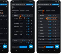 Three annotated QRbox mobile screens showing menu items, inline price editing, category controls, and saving changes.