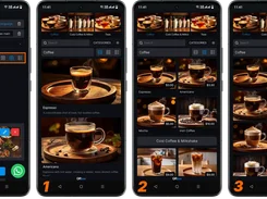 Four QRbox mobile screens showing language and branding settings followed by three customer-menu layout options for coffee products.