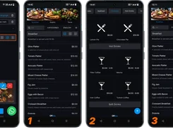 Four QRbox mobile screens showing branding settings and list, grid, and compact restaurant-menu layouts.