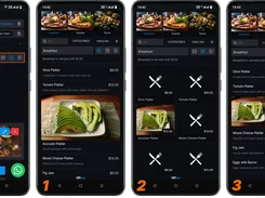 Four QRbox mobile screens showing branding settings and three breakfast-menu layouts with item images and prices.