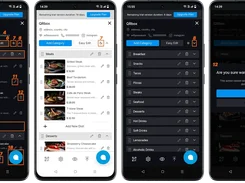 Four annotated QRbox screens showing dark and light editor themes, category controls, and a delete-confirmation dialog.