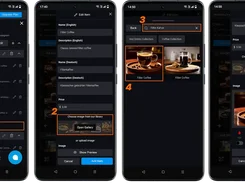 Four annotated QRbox screens showing the workflow for adding a dish, entering multilingual details, selecting an image, and submitting the item.