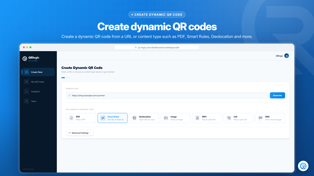 Create dynamic QR codes from a URL or a content type: PDF, Smart Rules, Geolocation, image, MP3, call or SMS