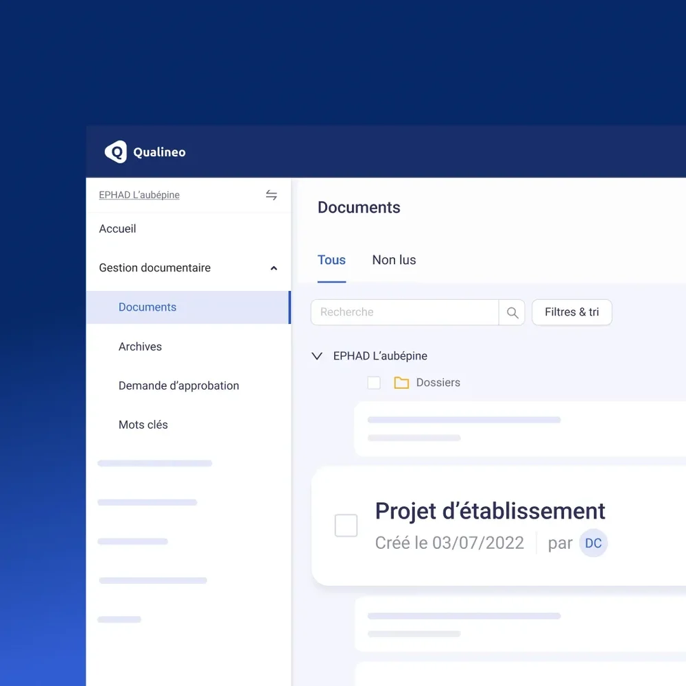 Qualineo Documents page showing the document-management navigation, a folder list, search, filters, and a document titled “Projet d’établissement.”