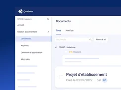 Qualineo Documents page showing the document-management navigation, a folder list, search, filters, and a document titled “Projet d’établissement.”