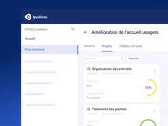 Qualineo action-plan project page listing “Organisation des activités” and “Traitement des plaintes” with circular completion indicators.