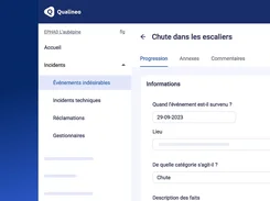 Qualineo incident-management form for “Chute dans les escaliers,” with progression, attachments, comments, date, category, and description fields.