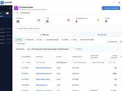 Qualis ERP Purchase Orders page with procurement summary cards, status filters, supplier names, dates, and amounts.