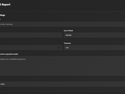 Dark Scheduled Report configuration form with fields for report name, weekly frequency, Monday delivery, time, timezone, recipients, and PDF and HTML format.