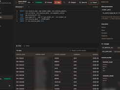 QueryWell Query Studio in a dark interface showing an Oracle SQL worksheet, bind parameter panel, execution details, lineage, and a 14-row invoice results grid with vendor names blurred.