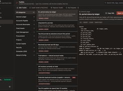QueryWell Toolkits screen with categories, a list of curated SQL scripts, and the selected “GL period status by ledger” script with its SQL text and action buttons.