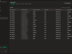 QueryWell Results screen displaying a completed 14-row invoice query in a table with invoice numbers, blurred vendor names, amounts, currencies, dates, and payment statuses.