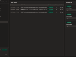QueryWell History screen listing three completed SQL query executions with timestamps, row counts, durations, and execution-log cards.