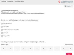 QUESTIONSTAR survey design: customer experience questionnaire with satisfaction and recommendation questions. Synthetic product demonstration; not customer research.