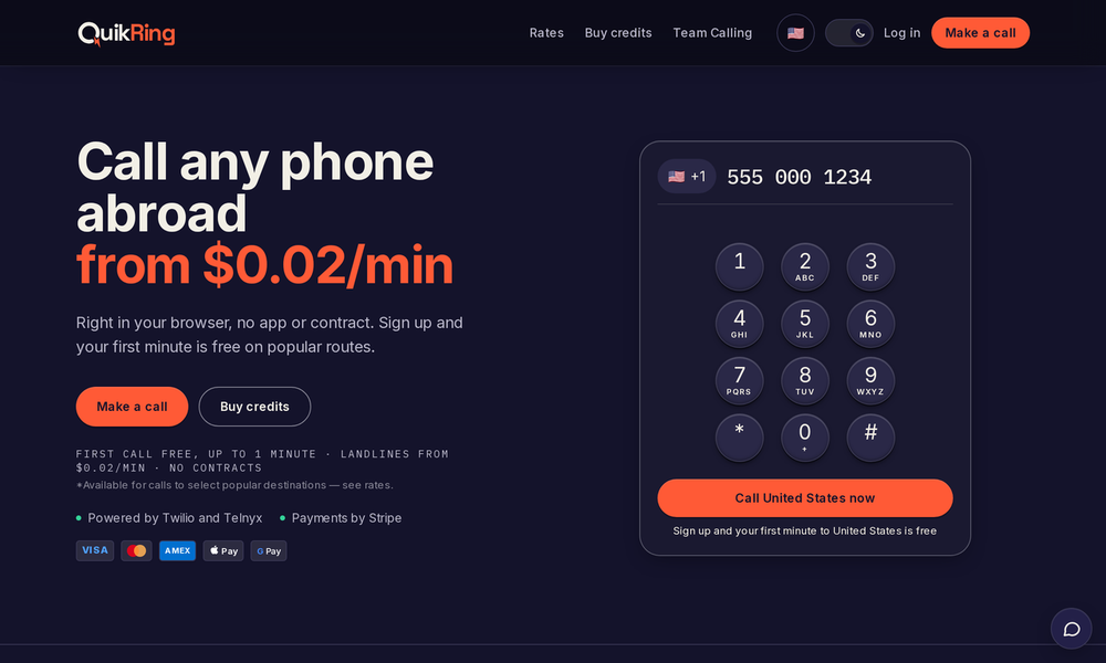 Call any phone abroad from your browser, with the price shown before you dial