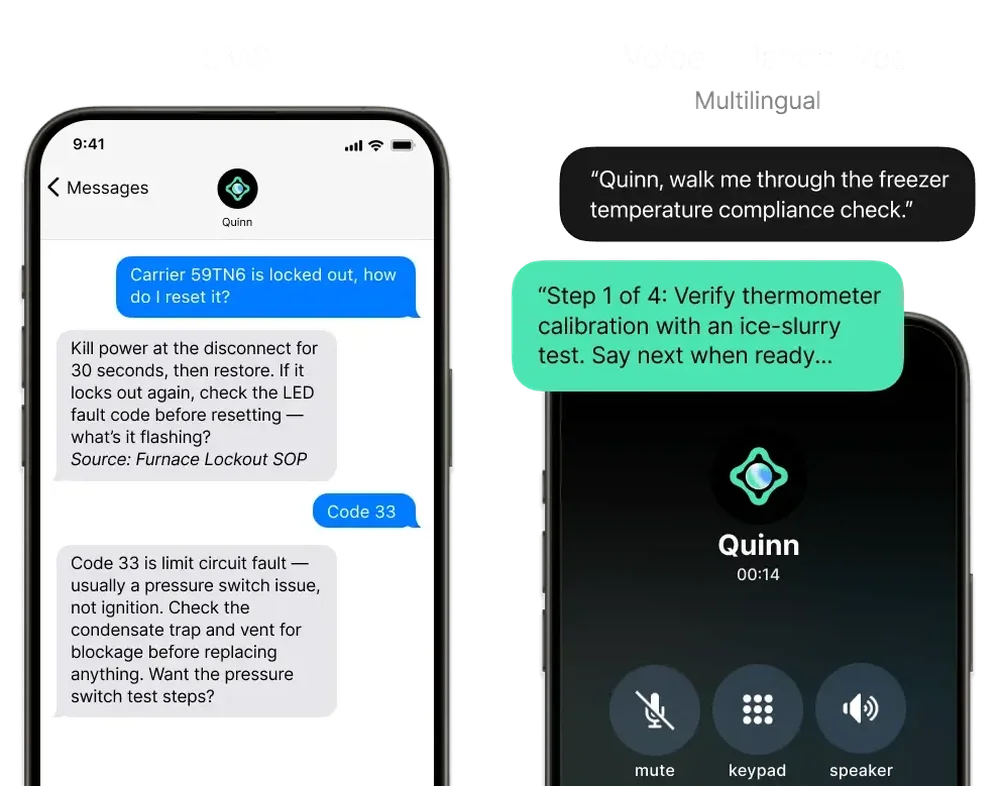 Promotional product interface image showing a Quinn text-message troubleshooting conversation and a Quinn voice-assistant call screen on smartphones.