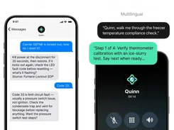 Promotional product interface image showing a Quinn text-message troubleshooting conversation and a Quinn voice-assistant call screen on smartphones.