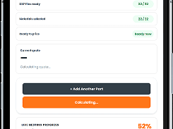 Mobile quote-builder interface showing DXF and material readiness, a calculating quote, and live nesting progress at 52%.