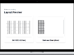Desktop layout preview showing two optimized nesting diagrams labeled AW 1050 (0.9mm) and Stainless Steel (8mm).