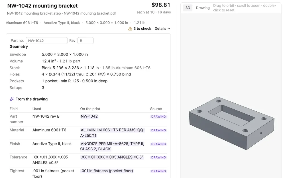 Manufacturing quote-detail interface for an NW-1042 mounting bracket, showing geometry and drawing-derived fields beside a 3D part model.