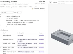 Manufacturing quote-detail interface for an NW-1042 mounting bracket, showing geometry and drawing-derived fields beside a 3D part model.