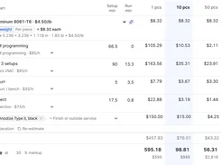 Cost-estimation table listing material, CAM programming, milling, deburring, inspection, finishing, and prices for quantities of 1, 10, and 50 pieces.