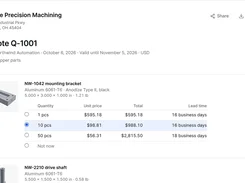 Customer-facing quote page for Acme Precision Machining with selectable quantities, unit prices, totals, lead times, and rendered part thumbnails.