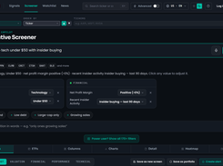Type a screen in plain words — here, profitable tech under $50 with insider buying. The AI maps it onto structured filters you can edit, save and set alerts on.