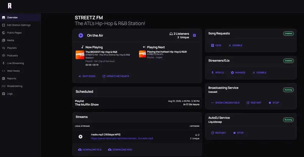 Radiocast dark-themed station dashboard for STREETZ FM showing on-air playback, scheduled playlist, stream links, listener count, song requests, and broadcasting services.